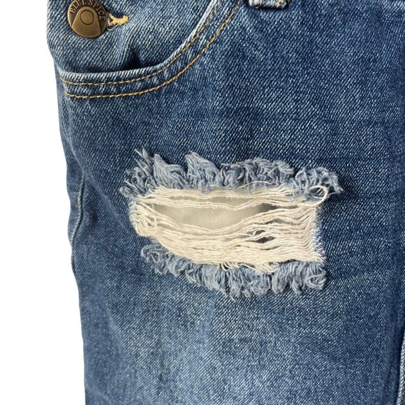 Blue Spice Denim Overalls Dress Skirt Womens Size 3 Blue Distressed - Picture 6 of 9